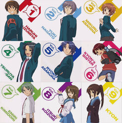  2girls 6+boys album_cover alternate_universe artist_request asahina_mitsuru asakura_ryou blazer blue_hair blue_sailor_collar blue_skirt brown_cardigan brown_hair cardigan character_single cover everyone genderswap_(ftm) genderswap_(mtf) green_hair green_jacket h jacket jpeg_artifacts kimidori_emirio kita_high_school_uniform koizumi_itsuki_(female) kyonko kyonko&#039;s_brother long_hair long_sleeves multiple_boys multiple_girls nagato_yuuki necktie open_cardigan open_clothes ponytail purple_hair red_necktie red_ribbon ribbon rule_63 sailor_collar school_uniform serafuku shirt short_sleeves skirt source_request summer_uniform suzumiya_haruhi_no_yuuutsu suzumiya_haruhiko third-party_edit tsuruya-senpai white_shirt winter_uniform 