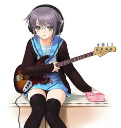  bad_id bad_pixiv_id bass_guitar blue_sailor_collar cardigan female glasses headphones highres instrument kita_high_school_uniform nagato_yuki panties pantyshot purple_hair sailor_collar sano_toshihide school_uniform serafuku short_hair solo suzumiya_haruhi_no_yuuutsu thighhighs tissue tissue_box tissue_princess underwear winter_uniform yellow_eyes 