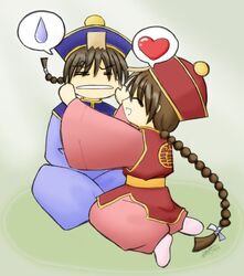  1boy :d ^_^ artist_request blue_dress bongun chinese_clothes cloak closed_eyes couple dress female grimace happy hat heart jiangshi long_sleeves munak open_mouth photoshop_(medium) qingdai_guanmao ragnarok_online red_dress smile spoken_heart spoken_sweatdrop straight sweatdrop wide_sleeves 