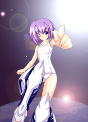  ;) armpits bare_shoulders blush exelica female foreshortening looking_at_viewer moon one_eye_closed pointing pointing_at_viewer short_hair smile solo space standing sun sunlight trigger_heart_exelica yumesato_makura 