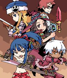  2boys 3girls angry armband armor belt black_hair blue_eyes blue_hair braid brown_eyes bushidou_(sekaiju) bushidou_2_(sekaiju) coat commentary_request dark-skinned_male dark_hunter dark_hunter_3 dark_skin doctor_magus doctor_magus_2 everyone fantasy fighting_stance flat_chest frown fur_trim gem glasses gloves grin gun gunner_(sekaiju) gunner_2_(sekaiju) hakama hakama_skirt hat holding jack_frost_(megami_tensei) jacket japanese_clothes katana knife long_hair looking_at_viewer lowleg lowres medic_(sekaiju) medic_1_(sekaiju) midriff multiple_boys multiple_girls navel oekaki open_clothes open_jacket orange_eyes pectorals ponytail profile red_eyes red_hair rope sarashi sekaiju_no_meikyuu sekaiju_no_meikyuu_2 sheath short_hair shorts side_braid sidelocks skirt smile smiley_face staff sword takujin unsheathing weapon white_hair witch_hat yellow_eyes 