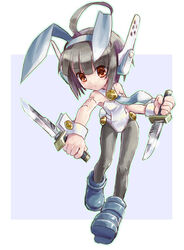  animal_ears black_hair combat-san commentary_request female full_body ichigeki_sacchuu!!_hoihoi-san katahira_masashi knife necktie pantyhose photoshop_(medium) playboy_bunny rabbit_ears red_eyes robot_ears solo 