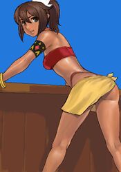  ass bandeau bent_over blue_background blue_eyes brown_hair dark-skinned_female dark_skin female lowres matoyama oekaki ponytail sarong sekaiju_no_meikyuu sekaiju_no_meikyuu_1 shilleka smile solo strapless tube_top yellow_sarong 