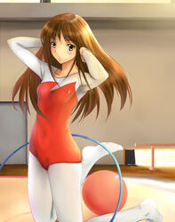  adjusting_hair athletic_leotard balance_beam ball brown_eyes brown_hair copyright_request exercise_ball feet female gym gymnastics hoop hula_hoop kneeling leotard navel pantyhose photoshop_(medium) red_leotard rhythmic_gymnastics solo yuki_usagi_(mofurafu) 