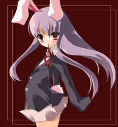  :3 animal_ears blazer female flat_chest jacket light_purple_hair long_hair long_sleeves mouth_hold noi_(noi_2y) rabbit_ears red_eyes reisen_udongein_inaba ribbon solo touhou 