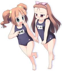  2girls bad_id bad_pixiv_id blush brown_hair idolmaster idolmaster_(classic) idolmaster_live_for_you! kagura_yuuki minase_iori multiple_girls name_tag one-piece_swimsuit photoshop_(medium) school_swimsuit swimsuit takatsuki_yayoi twintails 