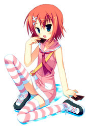  blue_eyes card female full_body hair_ornament meito_(maze) miyoshi_yuiko natsuzora_kanata oerba_yun_fang orange_hair photoshop_(medium) pink_theme short_hair solo striped_clothes striped_thighhighs thighhighs yu-gi-oh! zettai_ryouiki 