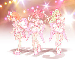  3girls blonde_hair busou_shinki chibisuke_machine doll_joints idol joints multiple_girls pink_hair red_hair schmetterling skirt stage_lights standing wings 