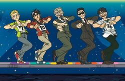  5boys :d annotated black_hair blonde_hair dancing endou_yuuji ishida_kouji itou_kaiji kaiji looking_at_viewer male_focus microphone multiple_boys music open_mouth sahara_makoto short_hair singing smile stage_lights standing sunglasses tonegawa_yukio 