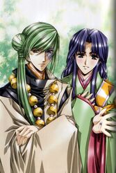  2boys abe_no_yasuaki blue_eyes blue_hair brown_eyes eisen_(harukanaru) green_eyes green_hair harukanaru_toki_no_naka_de harukanaru_toki_no_naka_de_1 heian heterochromia highres japanese_clothes long_hair male_focus multiple_boys photoshop_(medium) urushihara_satoshi 