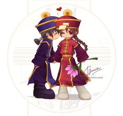  1boy artist_request bongun braid female flower holding_hands jiangshi kissing munak ponytail ragnarok_online 