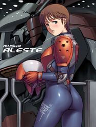  1990s_(style) aleste armor ass black_bodysuit bodysuit brown_hair circle_garyuu copyright_name ellinor_weisen female gloves green_eyes helmet highres mecha military military_uniform musha_(mecha) musha_aleste pilot_suit red_gloves retro_artstyle robot short_hair solo spacesuit uniform 