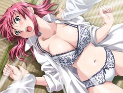  boin bra breasts dutch_angle female game_cg happoubi_jin huge_breasts iihara_nao lingerie open_clothes open_shirt panties pink_hair sleeves_rolled_up solo_focus underwear 