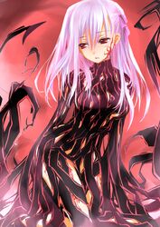  arms_at_sides black_bodysuit bodysuit breasts dark_sakura fate/stay_night fate_(series) female long_hair matou_sakura medium_breasts mofmof_(sousa) pink_hair red_background red_eyes simple_background skin_tight solo turtleneck very_long_hair 