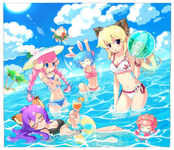  4girls :d afloat animal_ears armcho arms_up ball beach beachball bikini blonde_hair blue_eyes blue_hair blunt_bangs blush_stickers border braid breasts bunny_(trickster) cat_(trickster) cleavage closed_eyes cloud collarbone commentary_request contrapposto curled_horns day dutch_angle ear_piercing facing_viewer fox_(trickster) frilled_bikini frills glasses hat holding holding_ball horizon horns innertube long_hair looking_at_viewer lying medium_breasts multiple_girls navel ocean open_mouth outdoors palm_tree parted_lips partially_submerged photoshop_(medium) piercing pink_hair purple_hair sheep_(trickster) short_hair side-tie_bikini_bottom sideways_glance sky small_breasts smile sparkle standing straw_hat striped_bikini striped_clothes summer sun sun_hat swim_ring swimsuit tankini tree trickster_(ntreev_soft) tropical_drink twin_braids vertical-striped_bikini vertical-striped_clothes wading water white_border 