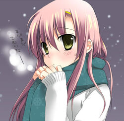  aqua_scarf blush chany closed_mouth commentary_request female green_eyes grey_background gripping_clothes hair_ornament hairclip hands_up hayate_no_gotoku! katsura_hinagiku light_particles long_hair long_sleeves looking_at_viewer lowres own_hands_together pink_hair scarf solo sweater upper_body white_sweater 