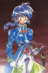  1990s_(style) araizumi_rui blue_hair braid female imageboard_desourced non-web_source retro_artstyle sherra_(slayers) slayers solo sword weapon 