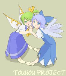  2girls :o blue_bow blue_dress blue_eyes blue_hair bow cirno daiyousei dress fairy_wings green_eyes green_hair hairbow ice ice_wings looking_at_viewer multiple_girls open_mouth short_hair side_ponytail torque touhou wings 