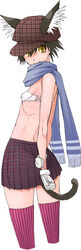  animal_ears back bandeau black_hair blue_scarf bra cat_ears cat_tail female flat_chest from_behind gloves hat lingerie looking_back miito_shido original plaid plaid_headwear plaid_skirt ribs scarf short_hair skirt smile solo strapless striped_clothes striped_thighhighs tail thighhighs tube_top underwear white_bra yellow_eyes zettai_ryouiki 