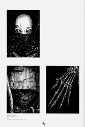  blame! blon claws greyscale hands helmet highres looking_at_viewer monochrome monster nihei_tsutomu no_humans photoshop_(medium) schiff_(blame!) silicon_creature_(blame!) teeth upper_body 