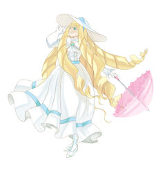  aqua_eyes blonde_hair commentary_request cosplay dianna_soreil dress drill_hair female gloves gundam hat katou_kouki kihel_heim kihel_heim_(cosplay) long_hair looking_up simple_background smile solo turn_a_gundam umbrella very_long_hair white_dress 