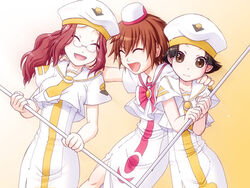  3girls ^_^ aria_(manga) atora_monteverdi ayumi_k_jasmine beret black_hair blouse brown_hair caryo closed_eyes dress extra flipped_hair hat himeya_company_uniform hug laughing long_dress multiple_girls oar orange_planet_uniform ponytail sailor_collar shirt short_hair short_sleeves side_slit smile takeda_yukimura uniform white_dress white_shirt yumeno_anzu 