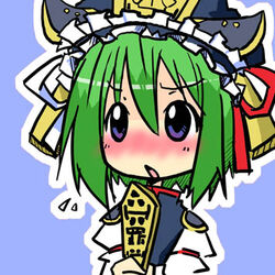  :&lt; blush chibi commentary_request female green_hair hat lowres md5_mismatch mogito purple_eyes ribbon rod_of_remorse shiki_eiki short_hair simple_background solo sweatdrop touhou 