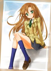  ashford_academy_school_uniform black_skirt blue_legwear brown_hair code_geass collared_shirt female formal green_eyes green_necktie loafers long_hair long_sleeves looking_at_viewer miniskirt mofmof_(sousa) necktie school_uniform shirley_fenette shirt shoes sitting skirt solo suit very_long_hair 