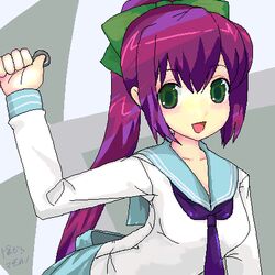  bad_id bad_pixiv_id bow copyright_name female green_bow green_eyes hairbow kage_kara_mamoru! ktsecond kumogakure_hotaru long_hair lowres oekaki open_mouth ponytail purple_hair school_uniform serafuku smile solo translated 