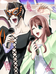  1boy ;d arm_up black_hair brown_hair busou_renkin collarbone female green_eyes holding jacket long_sleeves mask microphone music mutou_mahiro one_eye_closed open_clothes open_jacket open_mouth papillon sidelocks singing smile upper_body ywaka 