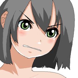  angry bare_shoulders black_hair blunt_ends blush chiisan clenched_teeth female green_eyes grey_hair gununu_(meme) jaggy_lines lowres meme oekaki original portrait short_hair solo teeth white_background 