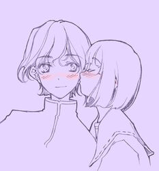  1boy blush brother_and_sister closed_eyes couple elysion female frater hidari_(left_side) kissing lowres monochrome photoshop_(medium) short_hair siblings smile soror sound_horizon spot_color straight upper_body wavy_hair 