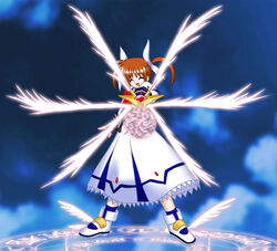  aiming aiming_at_viewer bow closed_eyes energy_ball energy_wings female full_body imageboard_desourced lyrical_nanoha magic_circle magical_girl mahou_shoujo_lyrical_nanoha mahou_shoujo_lyrical_nanoha_a&#039;s non-web_source raising_heart raising_heart_(exelion_mode) red_bow red_hair shoes solo takamachi_nanoha takamachi_nanoha_(sacred_mode) twintails weapon white_devil winged_footwear wings 