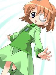  :o blush brooch dress eyepatch female gem green_dress izuno_kenta jewelry laguna_granscenic long_sleeves looking_at_viewer lyrical_nanoha mahou_shoujo_lyrical_nanoha_strikers parted_lips simple_background solo white_background 