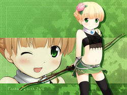  bow_(weapon) fantasy_earth fantasy_earth_zero female green_eyes highres inuarashi midriff navel one_eye_closed scout_(fantasy_earth) scout_(hamil_outfit)_(fantasy_earth_zero) thighhighs weapon 