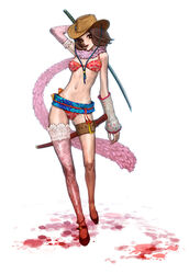  asymmetrical_clothes aya_(oneechanbara) bikini blood brown_eyes brown_hair commentary_request cowboy_hat cowboy_western dattosan elbow_gloves feather_boa female full_body gloves hat oneechanbara photoshop_(medium) scarf sheath single_elbow_glove single_glove single_thighhigh solo standing swimsuit sword thigh_strap thighhighs weapon 