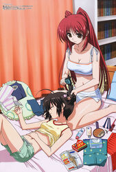  2girls absurdres barefoot bed black_hair breasts brown_eyes brushing_another&#039;s_hair brushing_hair chips_(food) cleavage closed_eyes comb covered_nipples crop_top food hair_brush hairdressing highres imageboard_desourced katou_yasuhisa kousaka_tamaki lap_pillow long_hair magazine_scan medium_breasts megami_magazine midriff mirror multiple_girls non-web_source official_art photoshop_(medium) pillow red_hair scan short_hair shorts sleeping to_heart_(series) to_heart_2 to_heart_2_ad twintails yuzuhara_konomi 