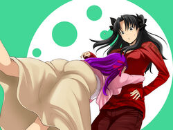  2girls ass commentary_request fate/stay_night fate_(series) glomp hug long_hair matou_sakura multiple_girls nazo_kichi painttool_sai_(medium) siblings sisters skirt tohsaka_rin 