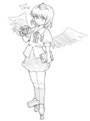  female geta greyscale looking_at_viewer monochrome shameimaru_aya sketch solo tengu-geta torque touhou 