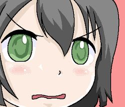  angry blush borrowed_character close-up commentary dithering female green_eyes grey_hair gununu_(meme) lowres meme no_pupils oekaki original parody parted_lips pink_background red_background shitaiya short_hair solo 