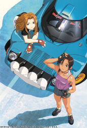  2girls artist_request bent_over brown_hair camisole car dark-skinned_female dark_skin denim denim_shorts earrings endou_lorna ex-driver fingerless_gloves from_above gloves jewelry lancia_(brand) lancia_stratos looking_up motor_vehicle multiple_girls official_art sakakino_lisa shorts sports_car 