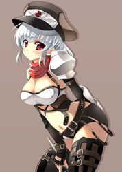  breasts cleavage fantasy_earth fantasy_earth_zero female hat large_breasts red_eyes scout_(fantasy_earth) scout_(grenadier_outfit)_(fantasy_earth_zero) solo thighhighs touya_(the-moon) white_hair 