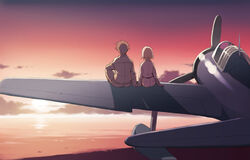  1boy aircraft airplane belt brown_hair cloud couple fana_del_moral female from_behind gloves hikuushi_series karino_charles military military_uniform morisawa_haruyuki outdoors pink_hair seaplane short_hair sitting sky straight sun sunset toaru_hikuushi_e_no_tsuioku uniform vehicle_focus 