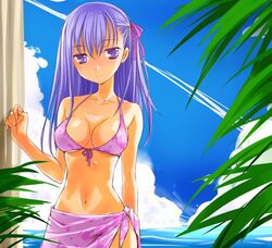  bikini blue_sky cloud day fate/stay_night fate_(series) female horizon long_hair looking_at_viewer matou_sakura mofmof_(sousa) navel no_pupils pink_bikini purple_eyes purple_hair purple_sarong sarong sky smile solo swimsuit water 