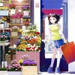  bag brown_eyes brown_hair city female flower flower_shop highres holding kikuchi_yume kneehighs looking_to_the_side mahou_tsukai_ni_taisetsu_na_koto map miniskirt plaid plaid_skirt plant potted_plant scan shop short_hair skirt socks solo suitcase white_socks yoshizuki_kumichi 