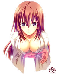  bamboo_blade breast_hold breasts brown_hair cleavage commentary_request downblouse female kuwahara_sayako large_breasts looking_at_viewer natsukon photoshop_(medium) purple_eyes simple_background smile solo upper_body white_background 