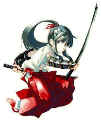  armor copyright_request dual_wielding female hakama hakama_skirt holding japanese_armor japanese_clothes katana kote myu_(neorosi) navel red_hakama sarashi simple_background skirt solo sword tabi weapon white_background 