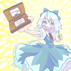  :d blue_bow blue_dress blue_eyes blue_hair bow cardboard circled_9 cirno commentary_request dress female handheld_game_console happy holding holding_stylus ice ice_wings light_blue_hair looking_at_viewer lowres nintendo_ds oekaki open_mouth puffy_short_sleeves puffy_sleeves red_ribbon ribbon roku_(warrock) short_sleeves smile solo stylus touhou wings 