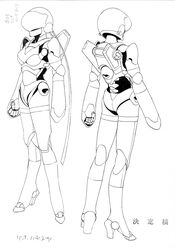  aramaki_shinji armor bubblegum_crisis_2040 greyscale hardsuit helmet linna_yamazaki machinery mecha monochrome multiple_views no_humans reference_sheet robot turnaround weapon 