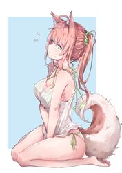  ahoge animal_ears bad_feet bare_arms bare_legs bare_shoulders barefoot bikini bikini_under_clothes blue_background blue_eyes blush breasts chinese_commentary cleavage collarbone commentary_request copyright_request criss-cross_halter female green_scrunchie hair_between_eyes hair_ornament hair_scrunchie hakuya_(white_night) halterneck highres long_hair looking_at_viewer looking_to_the_side medium_breasts no_pants parted_lips pink_hair ponytail scrunchie see-through side-tie_bikini_bottom sitting solo string_bikini swimsuit tail tail_raised tank_top two-tone_background wariza white_background white_bikini white_tank_top 